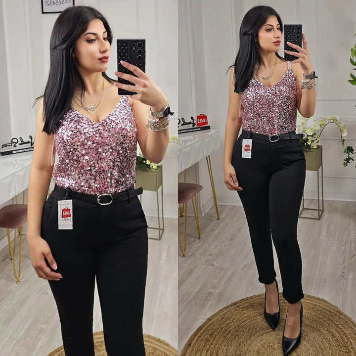 Pantalone modello skinny tessuto pesante con cintura inclusa elasticizzato Nero Level Stores