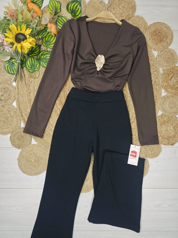 Pantalone modello vita alta a zampa Marrone Level Stores