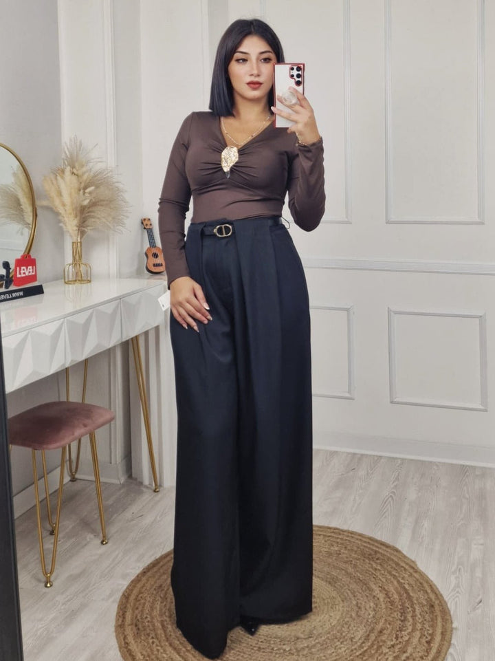 Pantalone palazzo con vita elasticizzata e cintura inclusa Nero Level Stores