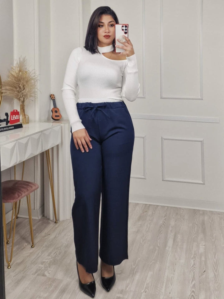 Pantalone palazzo elastico in vita con lacci regolabili Blu scuro Level Stores