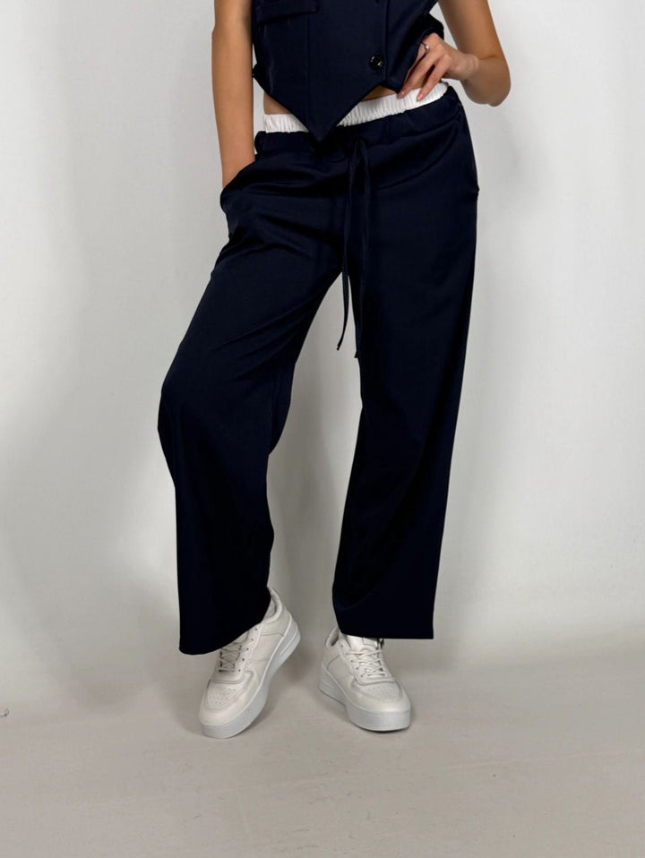 Pantalone palazzo elastico in vita con lacci regolabili Blu scuro Level Stores