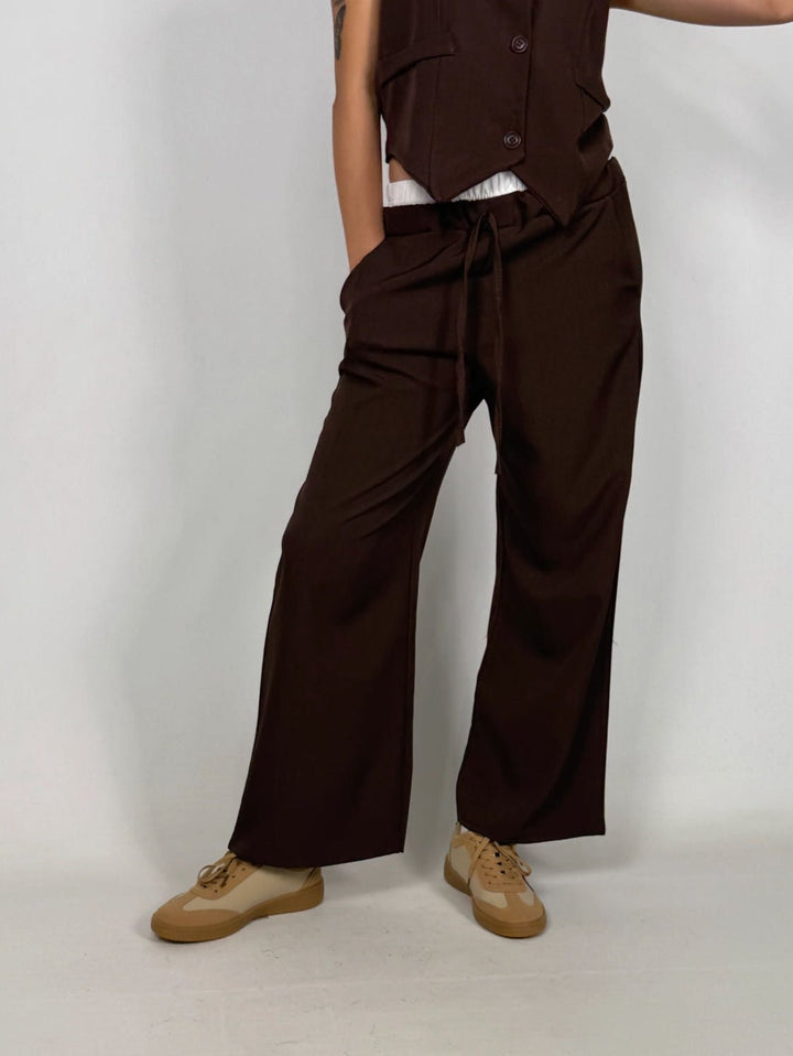 Pantalone palazzo elastico in vita con lacci regolabili Beige Level Stores