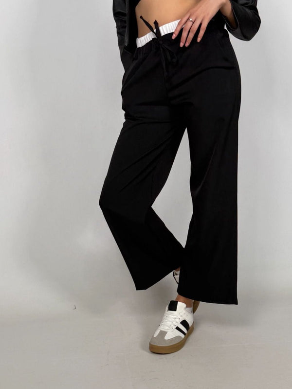 Pantalone palazzo elastico in vita con lacci regolabili Nero Level Stores