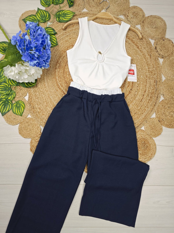 Pantalone palazzo elastico in vita con lacci regolabili Beige Level Stores