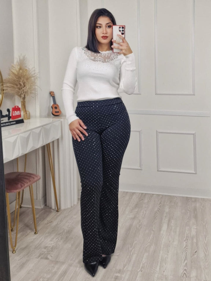 Pantaloni a vita alta con taglio a zampa strass Nero Level Stores