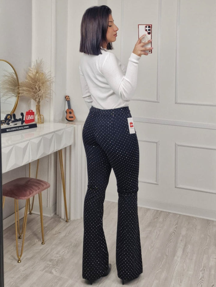 Pantaloni a vita alta con taglio a zampa strass Nero Level Stores