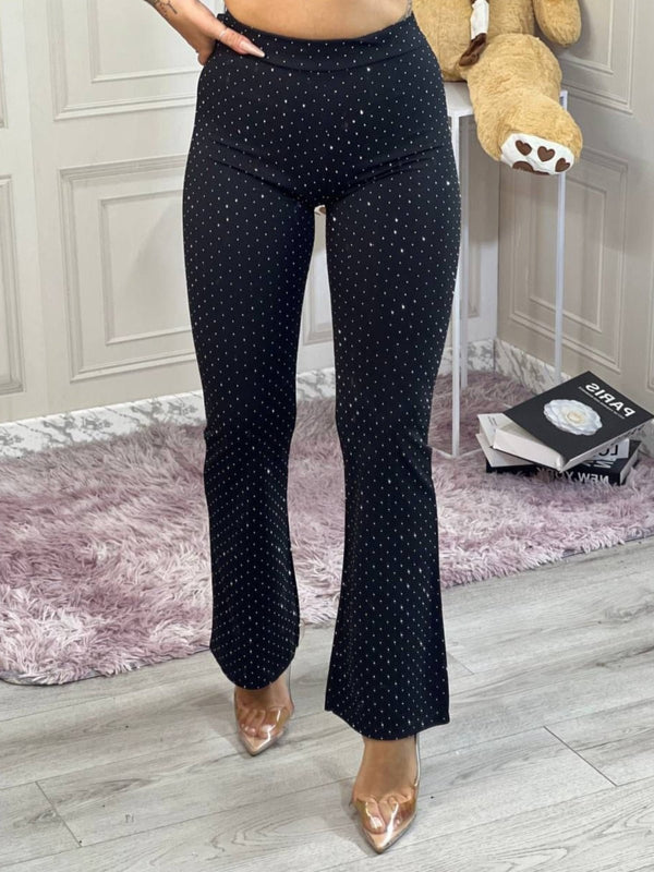 Pantaloni a vita alta con taglio a zampa strass Nero Level Stores
