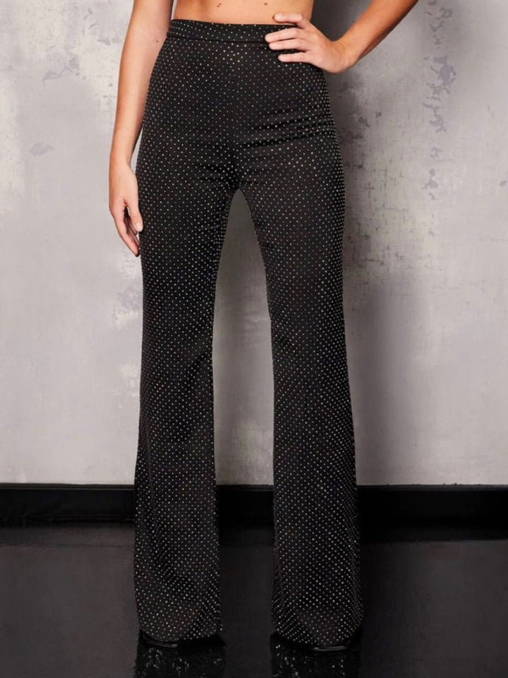Pantaloni a vita alta con taglio a zampa strass Nero Level Stores