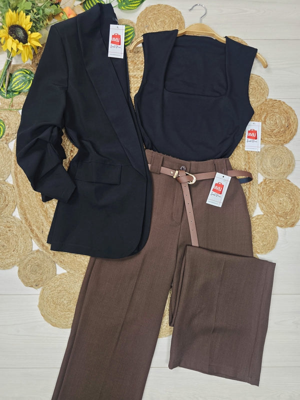 Pantaloni palazzo elastico in vita e cintura inclusa Nero Level Stores