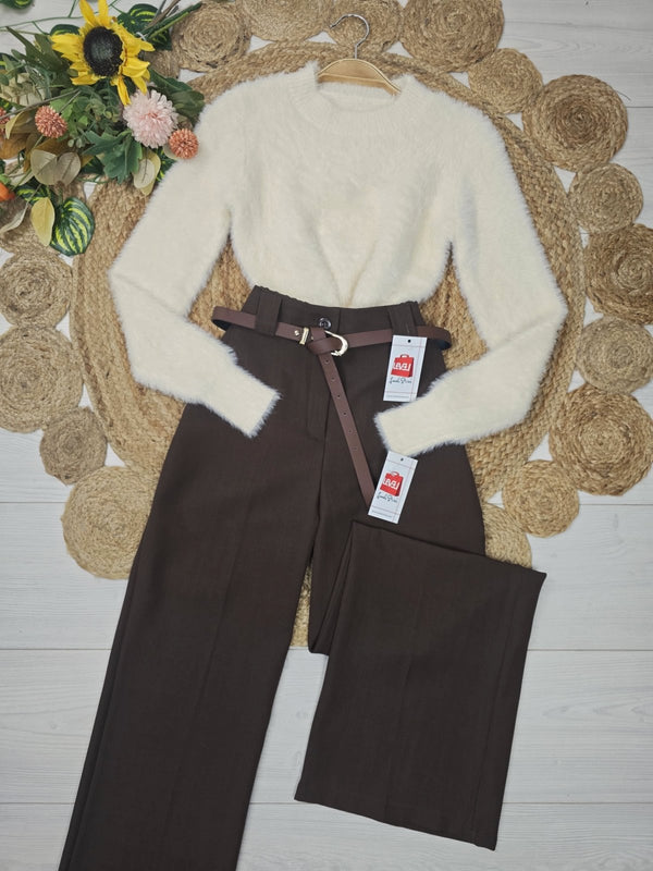 Pantaloni palazzo elastico in vita e cintura inclusa Marrone Level Stores