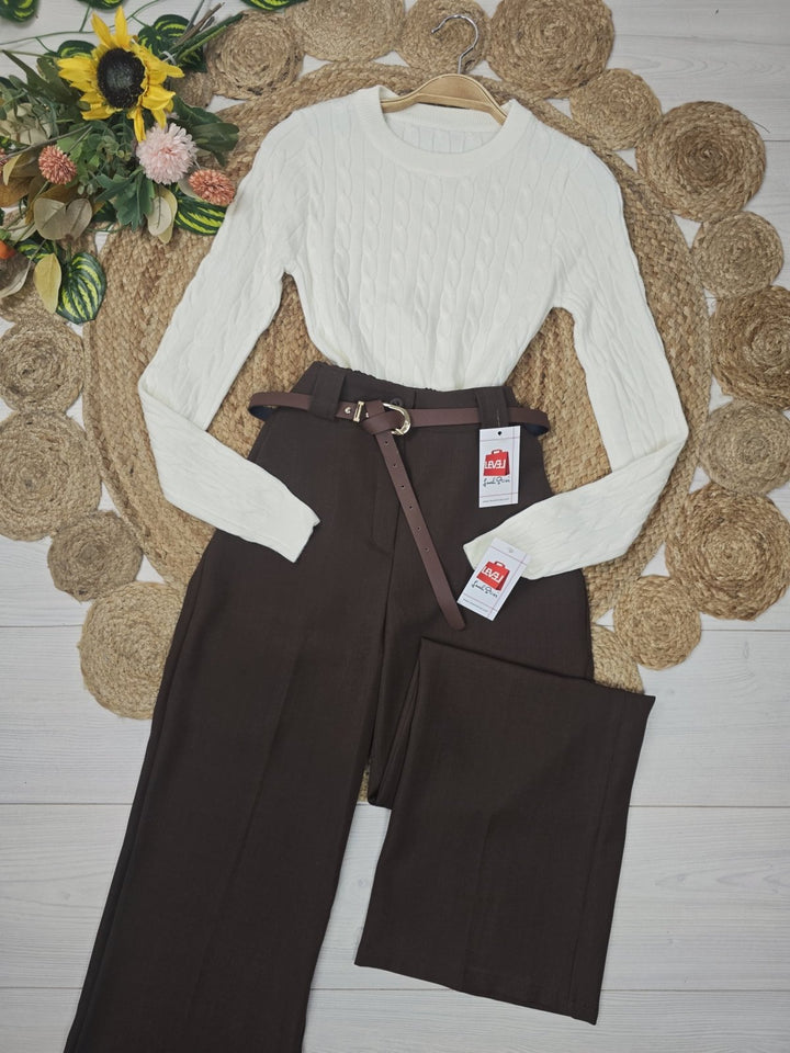 Pantaloni palazzo elastico in vita e cintura inclusa Marrone Level Stores