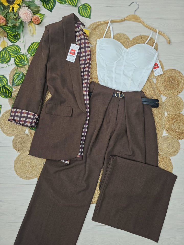 Pantaloni palazzo elastico in vita e cintura inclusa Marrone Level Stores