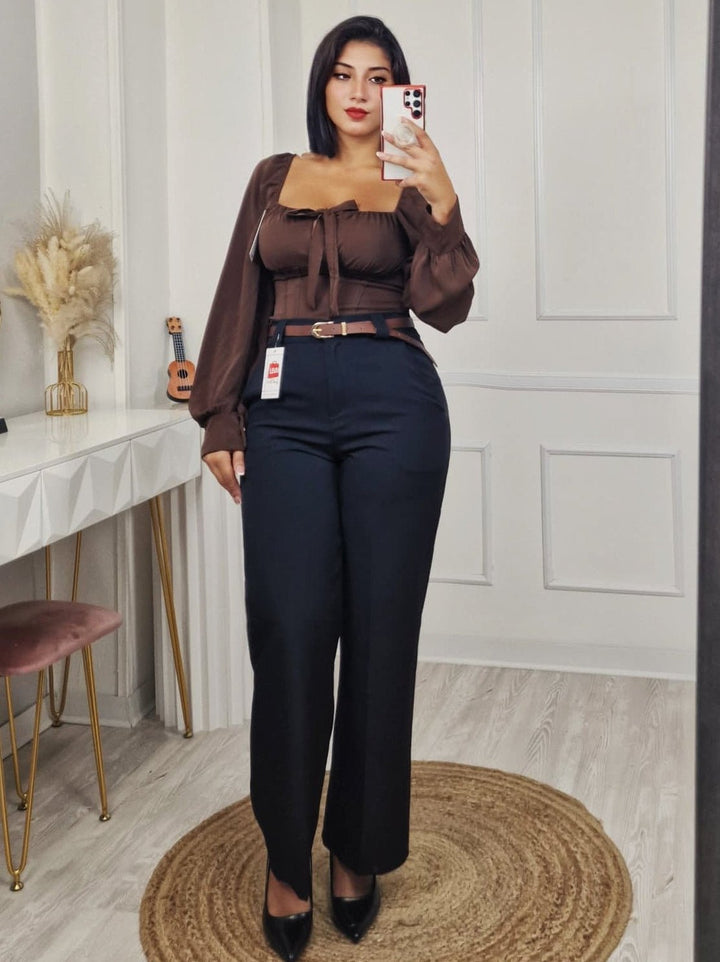 Pantaloni palazzo elastico in vita e cintura inclusa Nero Level Stores