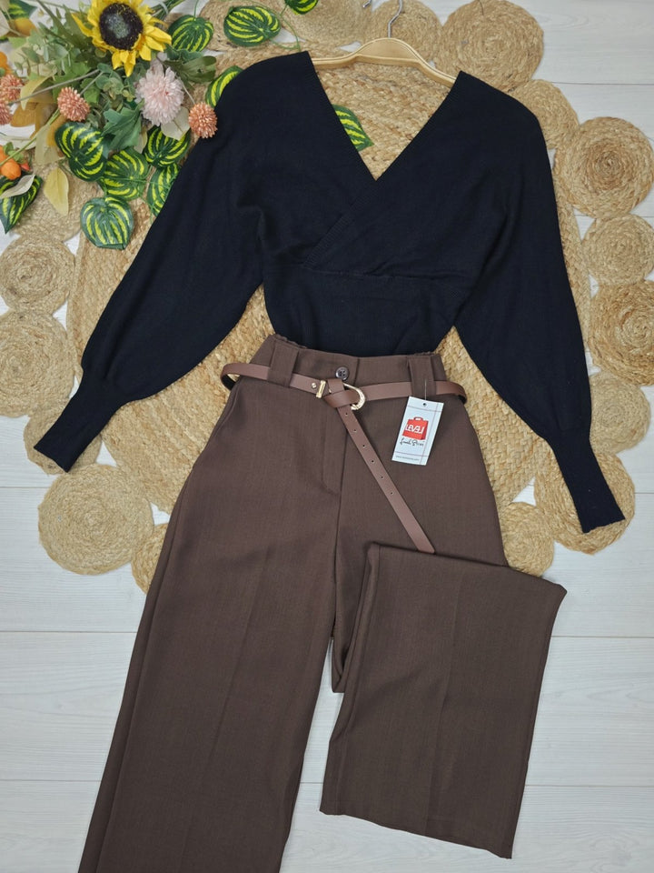 Pantaloni palazzo elastico in vita e cintura inclusa Blu scuro Level Stores