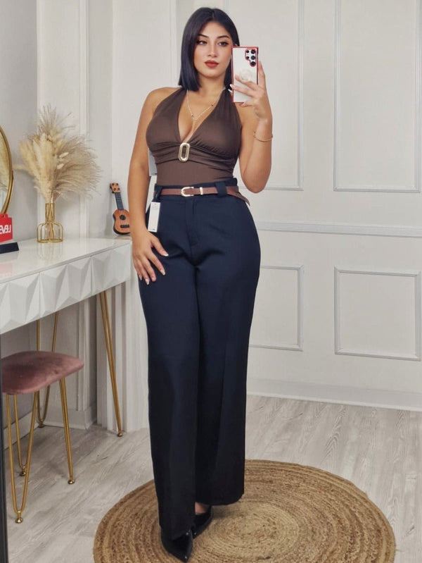 Pantaloni palazzo elastico in vita e cintura inclusa Nero Level Stores