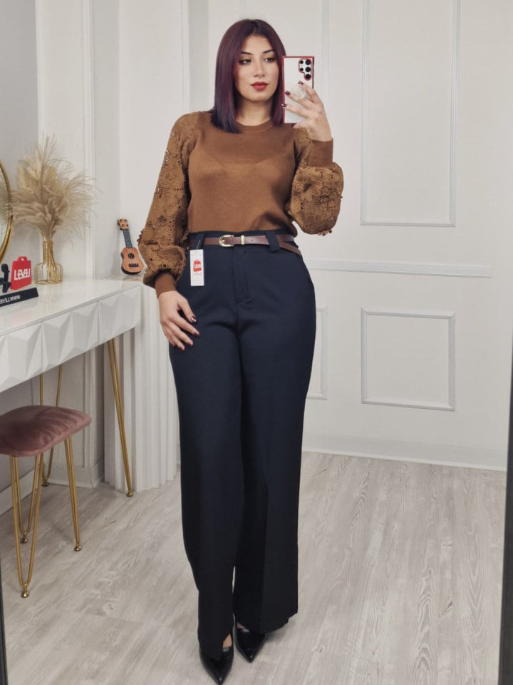 Pantaloni palazzo elastico in vita e cintura inclusa Nero Level Stores