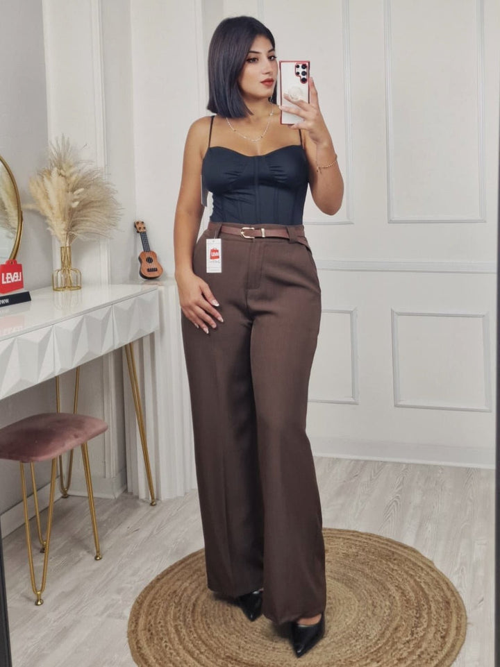 Pantaloni palazzo elastico in vita e cintura inclusa Nero Level Stores