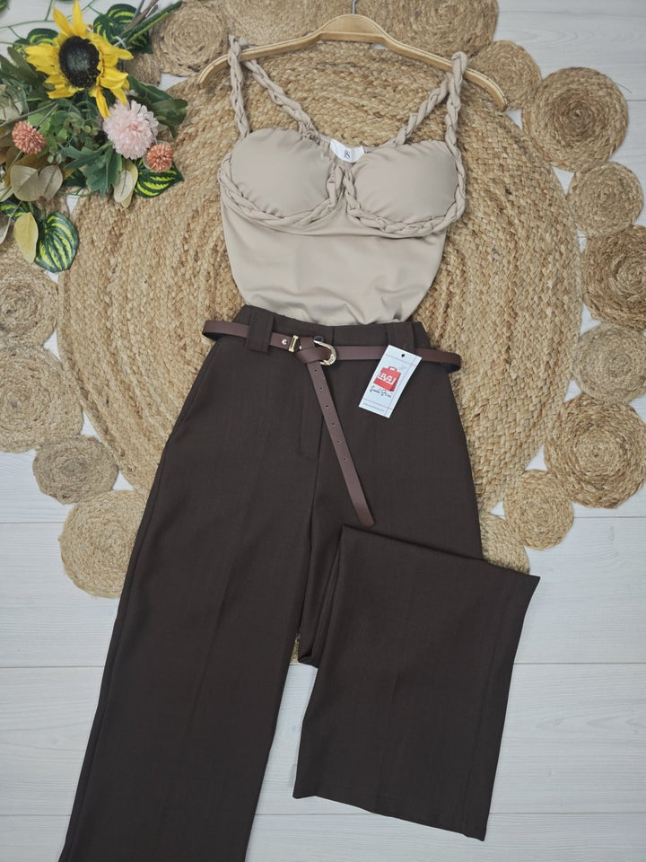 Pantaloni palazzo elastico in vita e cintura inclusa Marrone Level Stores