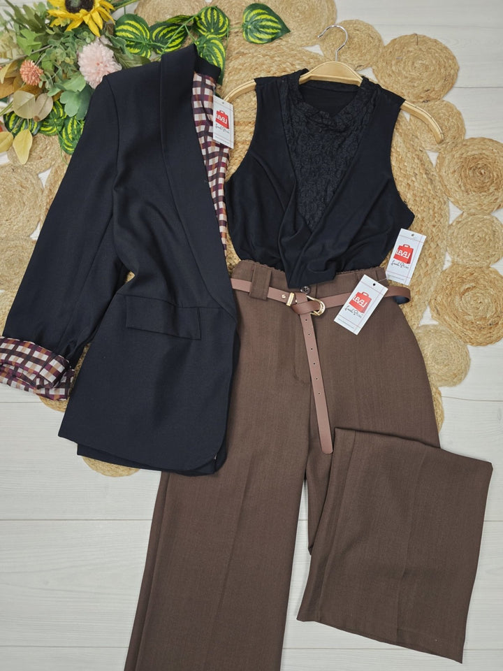 Pantaloni palazzo elastico in vita e cintura inclusa Marrone Level Stores