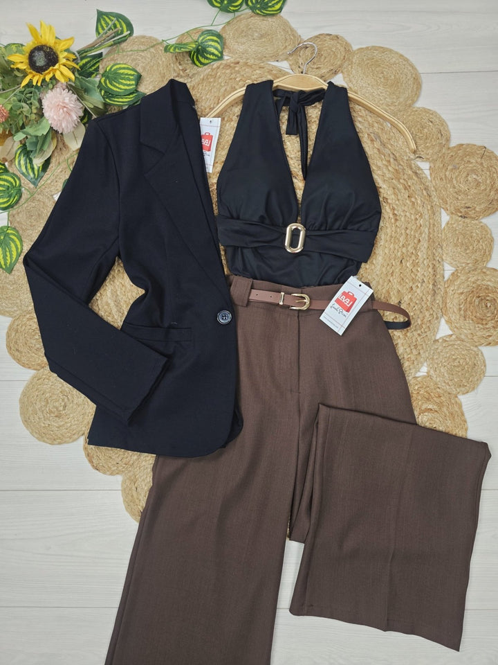 Pantaloni palazzo elastico in vita e cintura inclusa Nero Level Stores