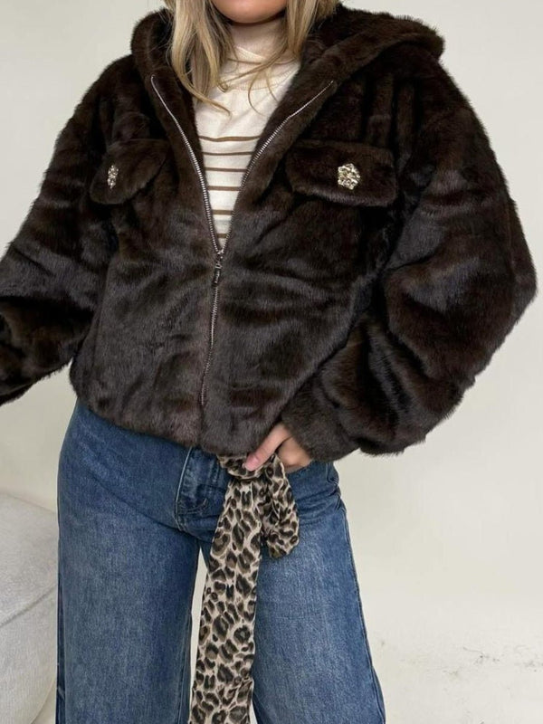 Pelliccia con cappuccio con zip maniche lunghe morbido e caldo Marrone Level Stores