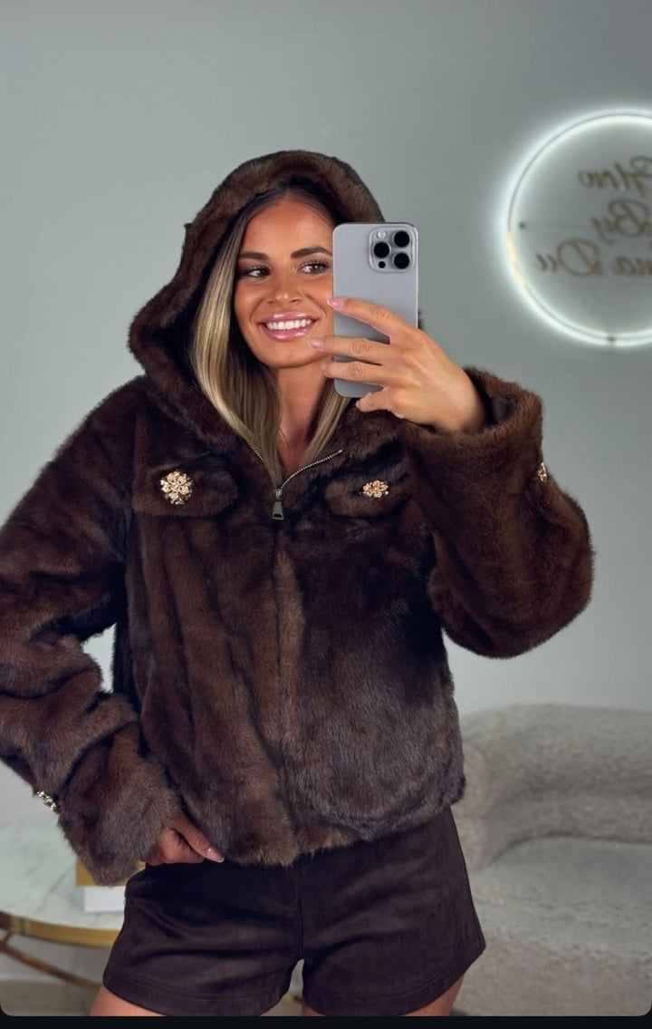 Pelliccia con cappuccio con zip maniche lunghe morbido e caldo Marrone Level Stores