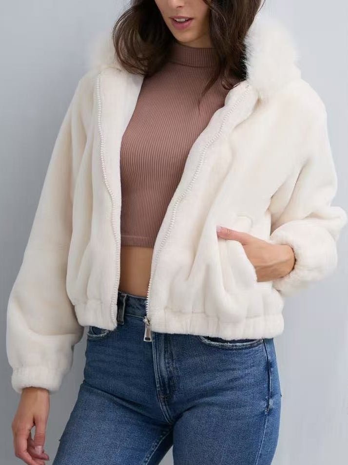 Pelliccia con cappuccio con zip morbido e caldo Bianco Level Stores