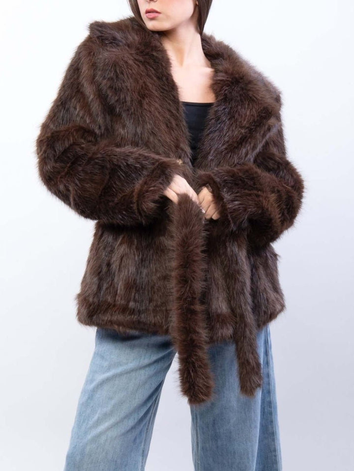 Pelliccia con cappuccio inclusa la cintura morbido e caldo Marrone Level Stores