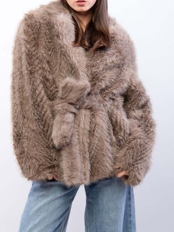 Pelliccia con cappuccio inclusa la cintura morbido e caldo Marrone Level Stores