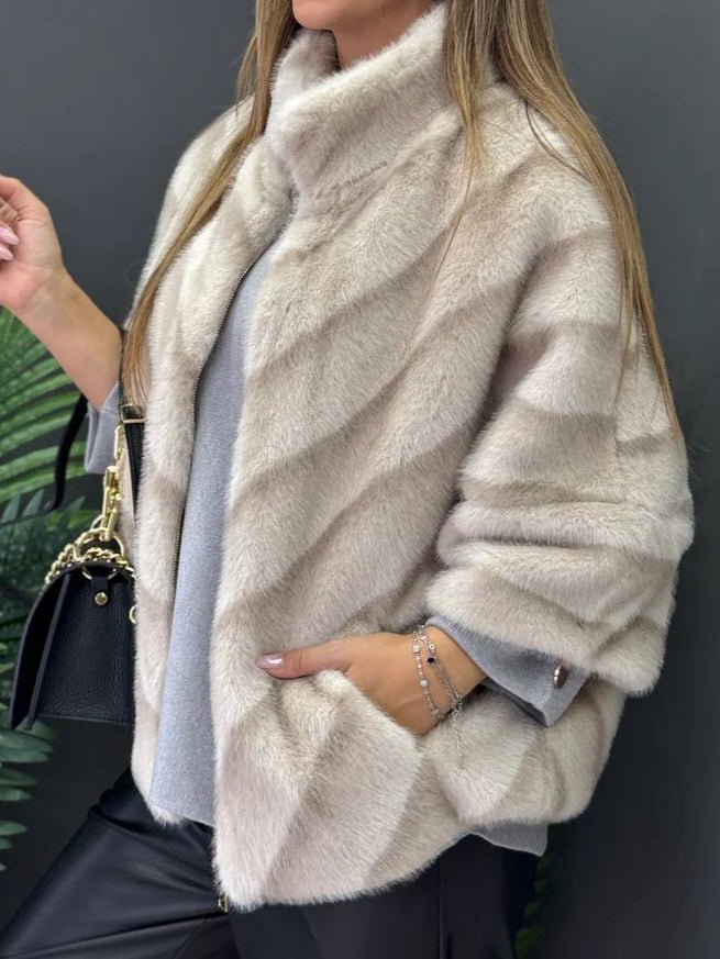 Pelliccia con zip con tasche morbido e caldo maniche tre quarti Camel Level Stores