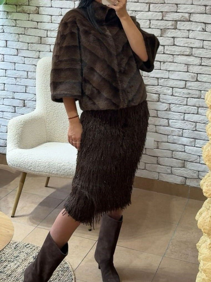 Pelliccia con zip con tasche morbido e caldo maniche tre quarti Camel Level Stores