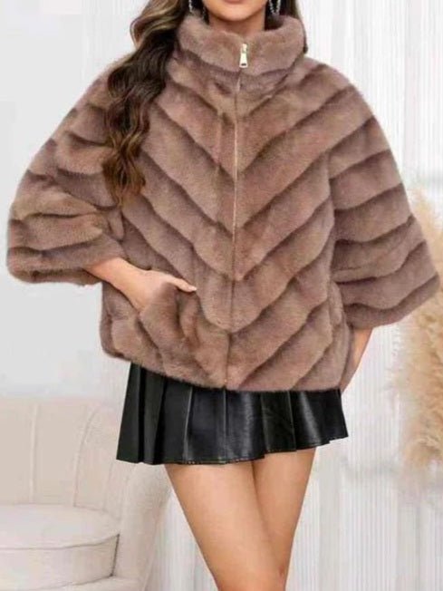 Pelliccia con zip con tasche morbido e caldo maniche tre quarti Camel Level Stores