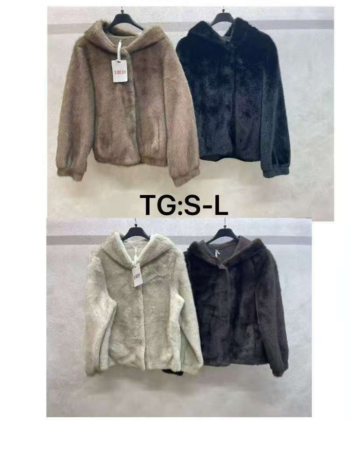 Pelliccia corto con cappuccio con bottone con tasche morbido e caldo Nero Level Stores