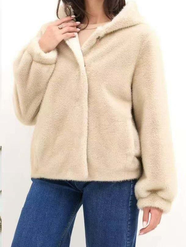 Pelliccia corto con cappuccio con bottone con tasche morbido e caldo Beige Level Stores