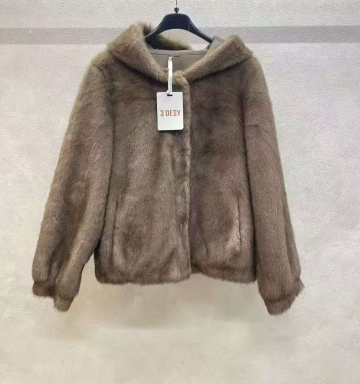 Pelliccia corto con cappuccio con bottone con tasche morbido e caldo Camel Level Stores