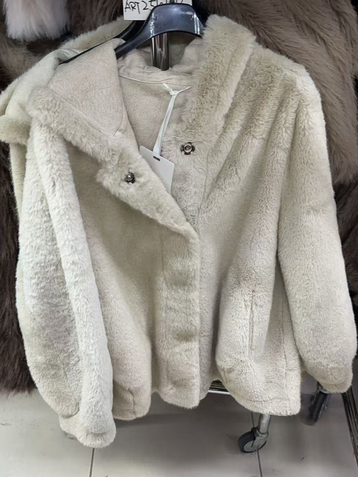 Pelliccia corto con cappuccio con bottone con tasche morbido e caldo Beige Level Stores