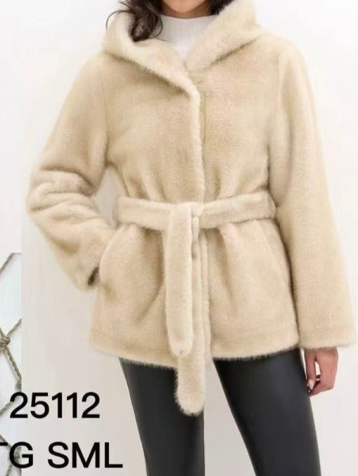 Pelliccia di media lunghezza con cappuccio con bottoni maniche lunghe inclusa la cintura Beige Level Stores