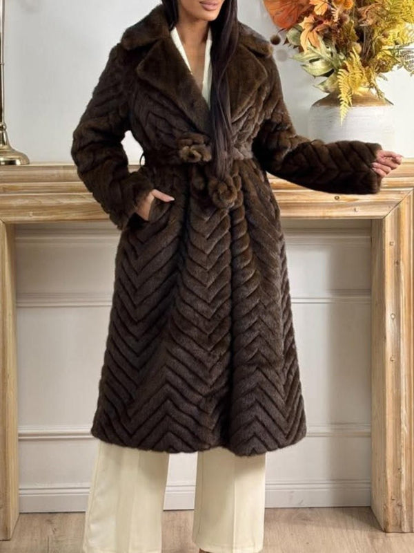 Pelliccia lungo con bottoni con tasche inclusa la cintura morbido e caldo Marrone Level Stores