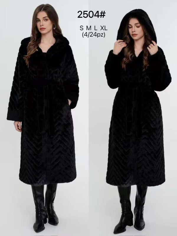 Pelliccia lungo con cappuccio con bottoni con tasche inclusa la cintura morbido e caldo Nero Level Stores