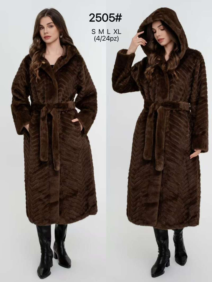 Pelliccia lungo con cappuccio con bottoni con tasche inclusa la cintura morbido e caldo Marrone Level Stores