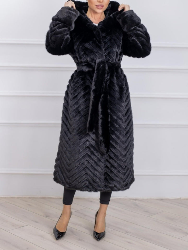 Pelliccia lungo con cappuccio con bottoni con tasche inclusa la cintura morbido e caldo Marrone Level Stores