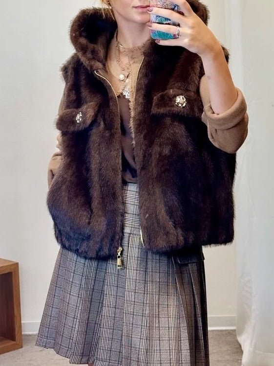 Pelliccia smanicato con cappuccio con zip morbido e caldo con tasche Marrone Level Stores