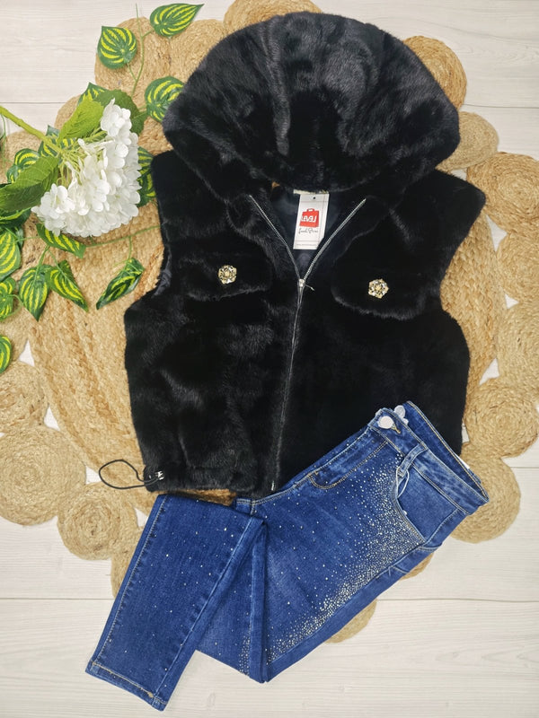 Pelliccia smanicato con cappuccio con zip morbido e caldo con tasche Nero Level Stores