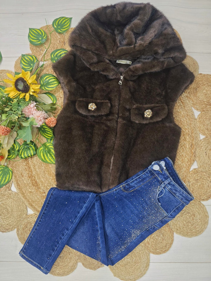 Pelliccia smanicato con cappuccio con zip morbido e caldo con tasche Nero Level Stores