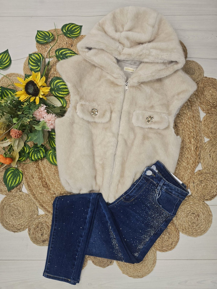 Pelliccia smanicato con cappuccio con zip morbido e caldo con tasche Nero Level Stores