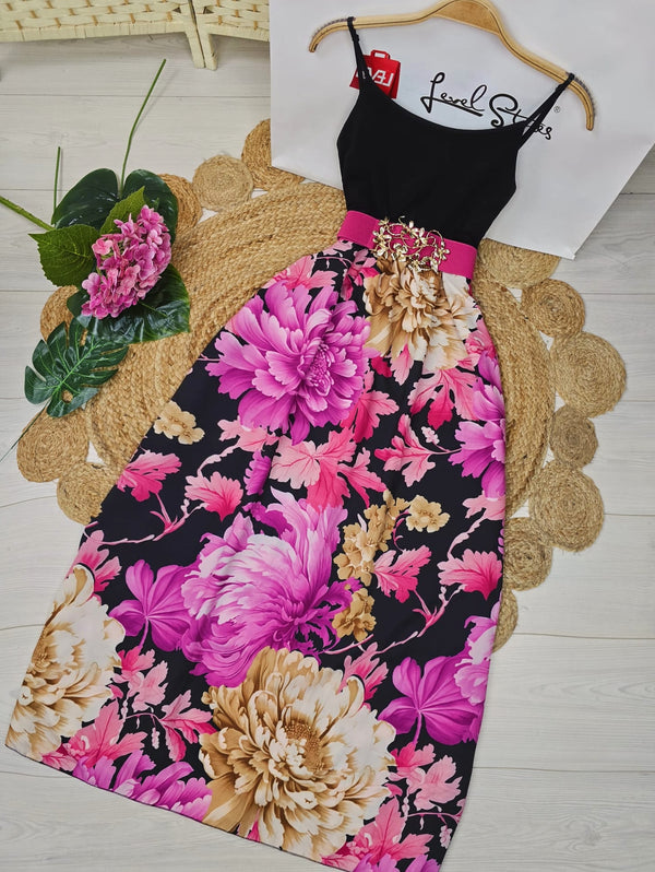 Abito lungo con fantasia floreale con bretelle Elasticizzato