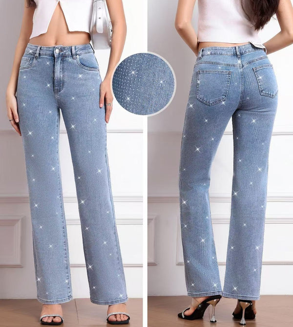 Jeans chiaro modello palazzo strass  avanti e dietro