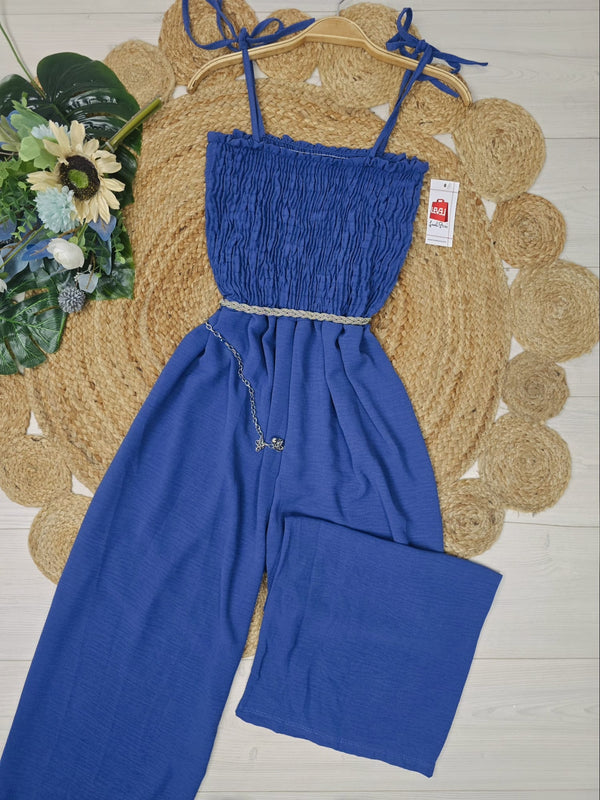Tuta in chiffon con bretelle spalle regolabili con pantalone a palazzo a fascia arricciata elasticizzato