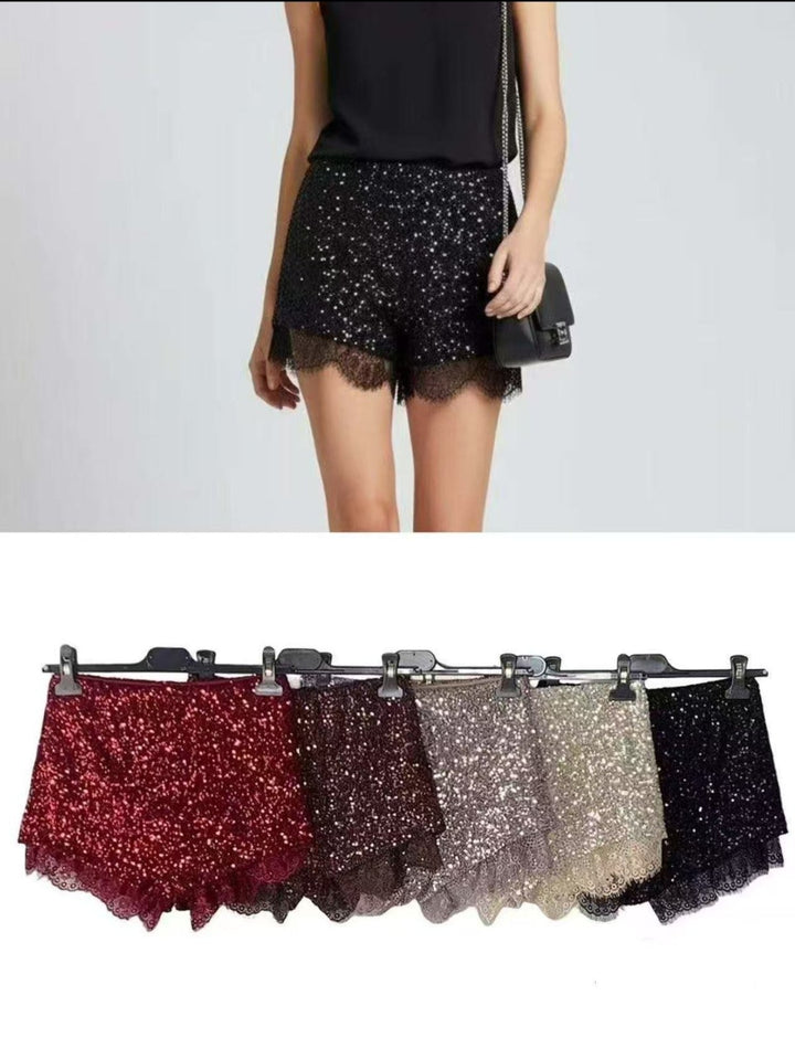 short con paillettes elastico in vita in pizzo elasticizzata Bordo Level Stores