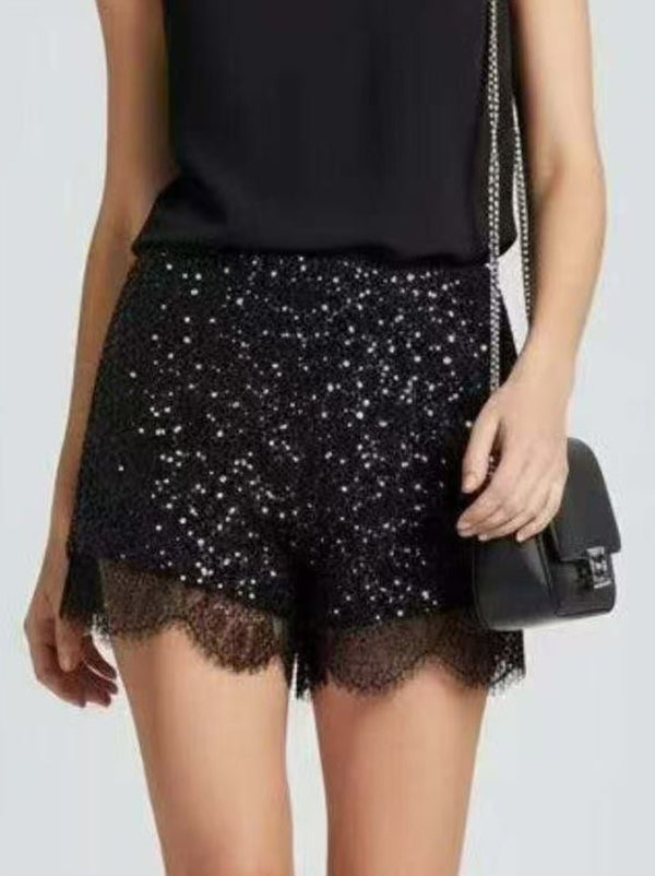 short con paillettes elastico in vita in pizzo elasticizzata Nero Level Stores
